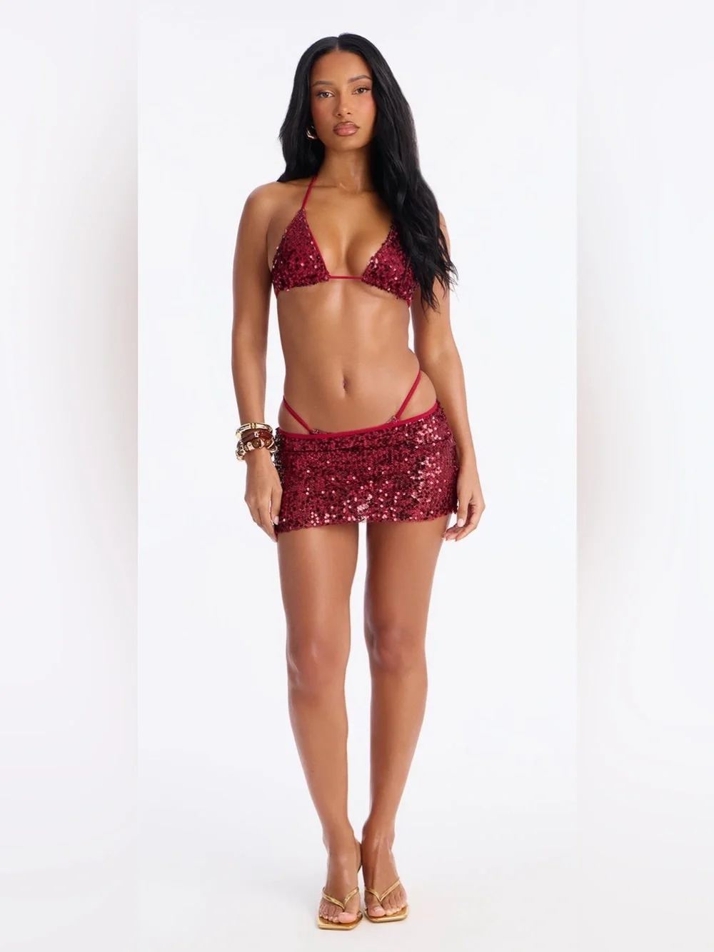 Fashion Nova Red Sequin 3PC Bikini  And Skirt Set❤️🔥